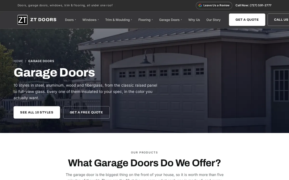 ZT Doors garage doors page showing collections and option sections