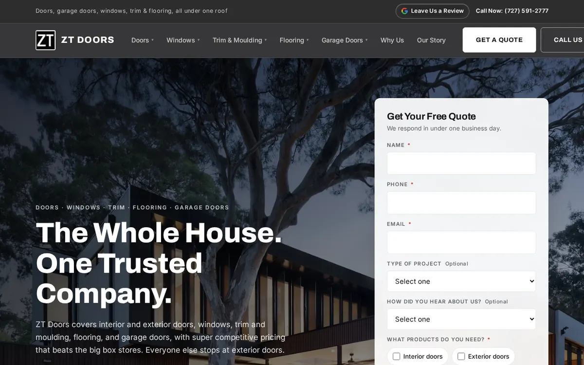 ZT Doors home page on desktop with product menu and quote form beside the headline