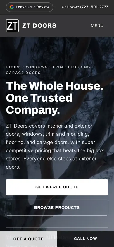 ZT Doors home page on a phone with the sticky quote and call bar