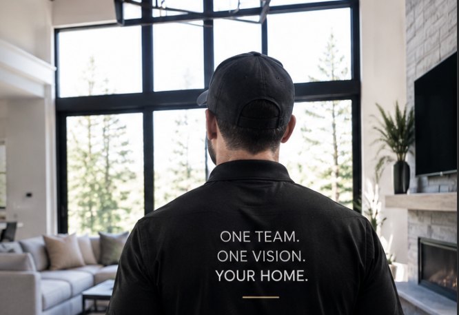 ZT Doors team member in a finished home, shirt reading One Team. One Vision. Your Home.