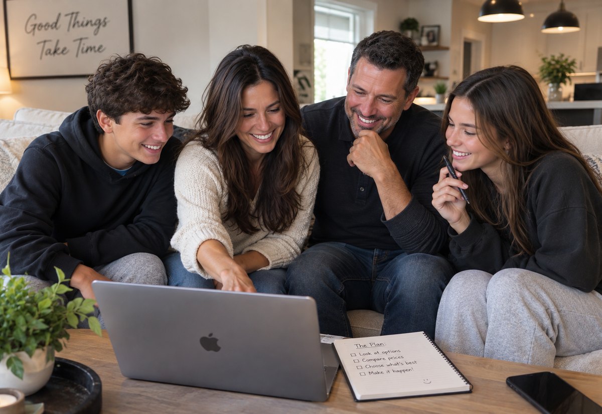 A family comparing prices and planning their project together