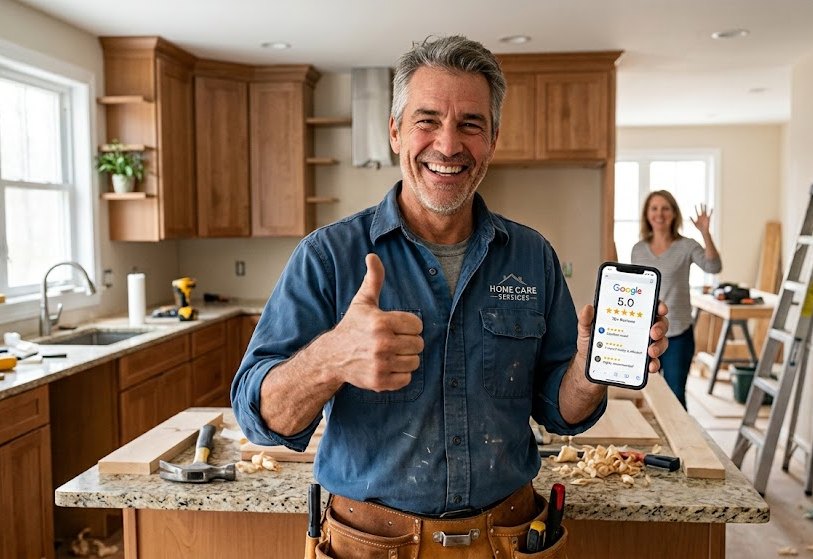 Contractor giving a thumbs up beside a five star Google review