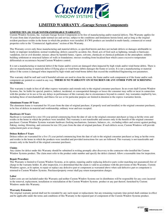 Garage Door Screen Warranty cover